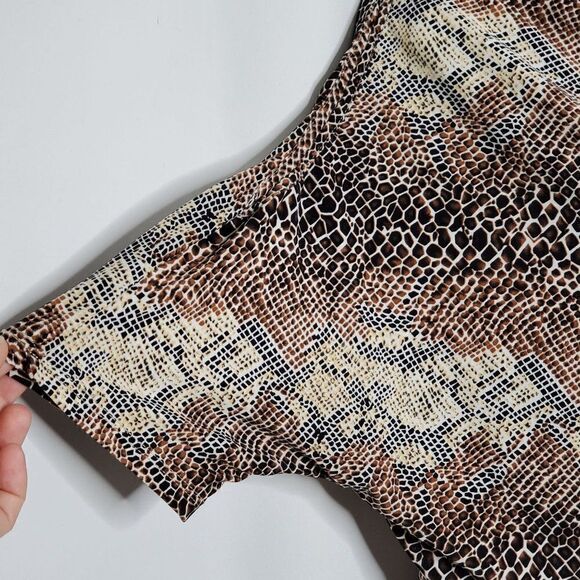 Kenar Snake Reptile Print Blouse Shirt Short Cap Sleeve Sz S Brown Black - Picture 2 of 7